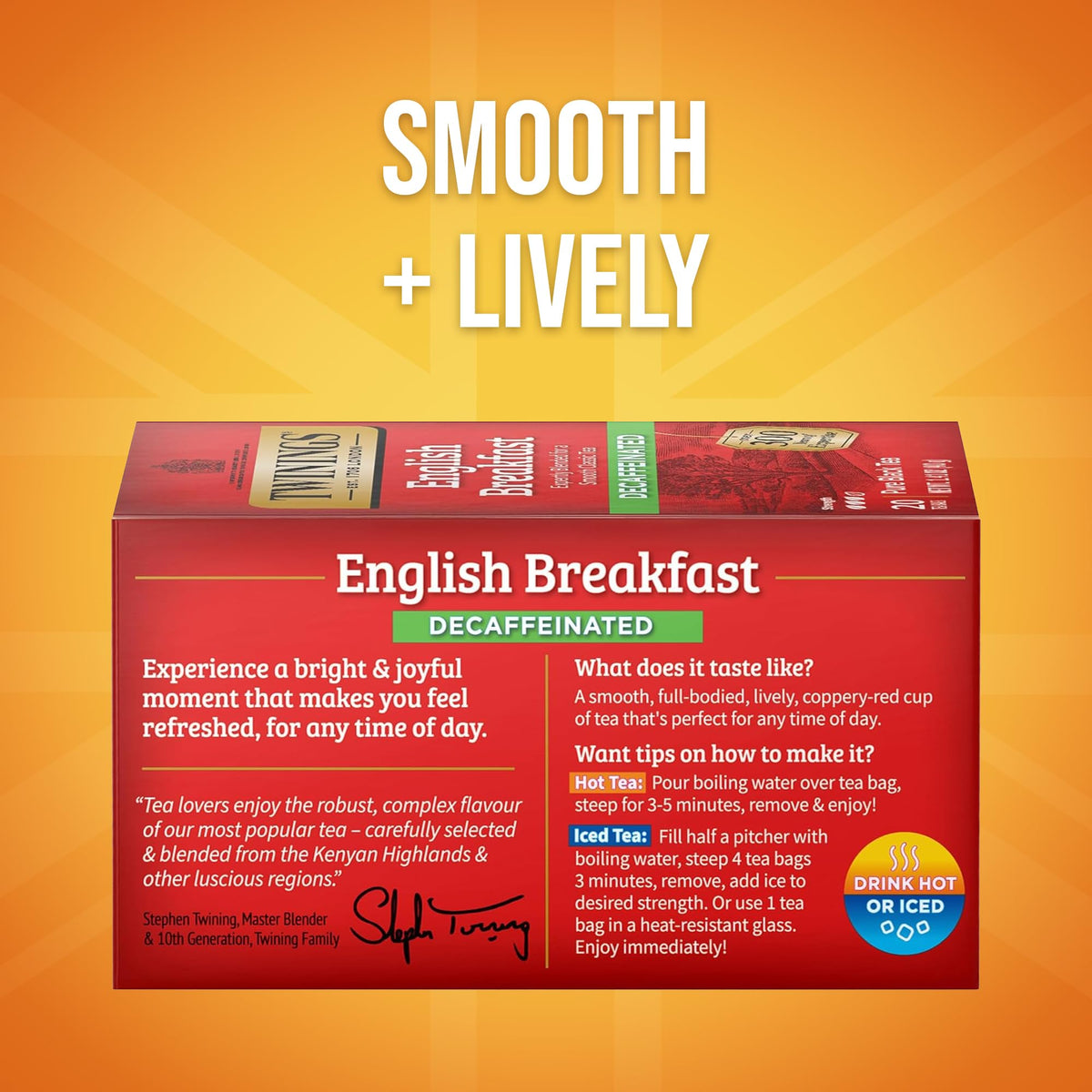 Six-box Twinings Decaffeinated English Breakfast tea packaging for everyday use