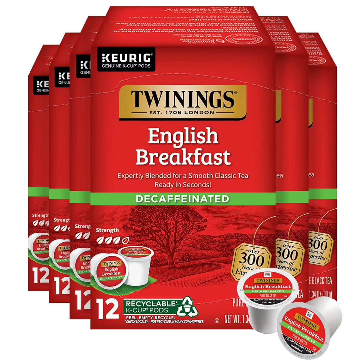 Twinings Decaf English Breakfast tea K-Cup pods, perfect for hot or iced tea.