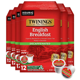 Twinings Decaf English Breakfast tea K-Cup pods, perfect for hot or iced tea.
