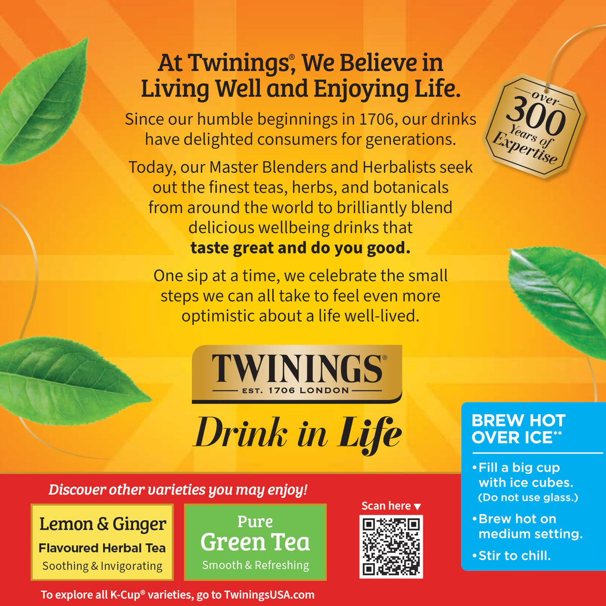 Twinings decaf English Breakfast tea pod brewed over ice for a refreshing option