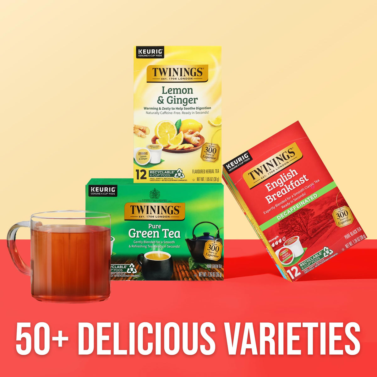 Steaming cup of Twinings Decaf English Breakfast tea, rich aroma and smooth finish.