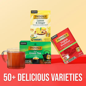 Steaming cup of Twinings Decaf English Breakfast tea, rich aroma and smooth finish.