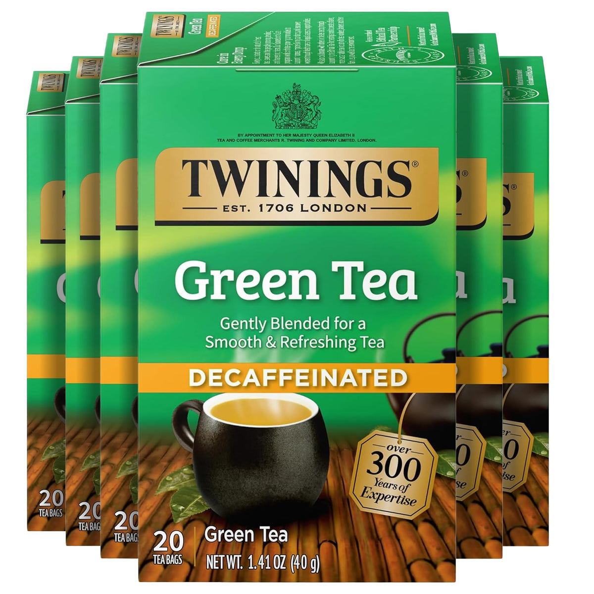 Twinings Decaf Green Tea bags in box, a convenient everyday tea option.