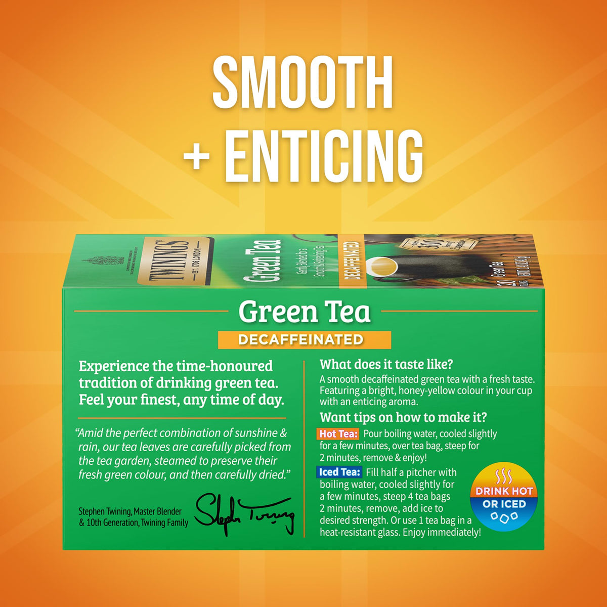 Twinings Decaf Green Tea bags closeup, showing individual freshness and packaging.