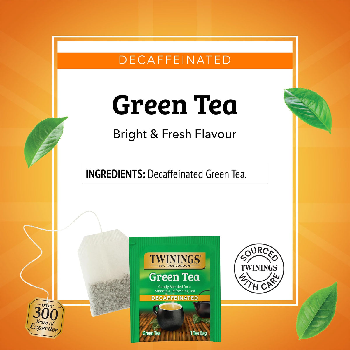 Twinings Decaf Green Tea bags individually sealed, preserving freshness on the go.