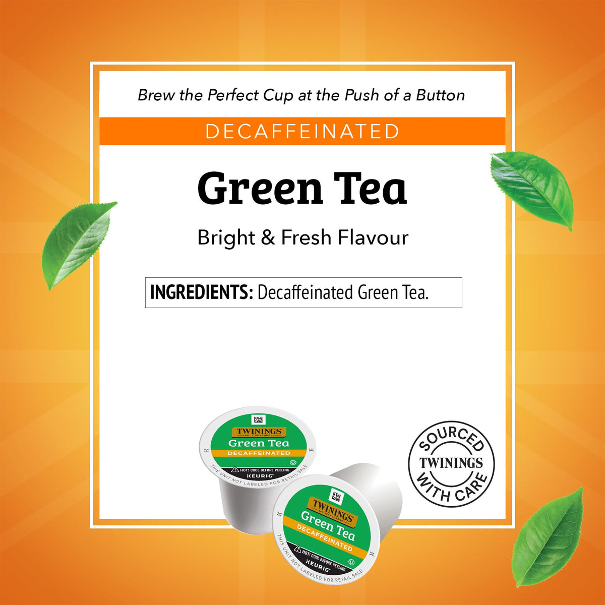 Twinings decaf tea K-Cup stack shows convenient 24-pack for quick brews.