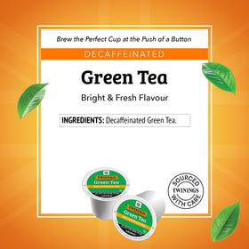 Twinings decaf tea K-Cup stack shows convenient 24-pack for quick brews.