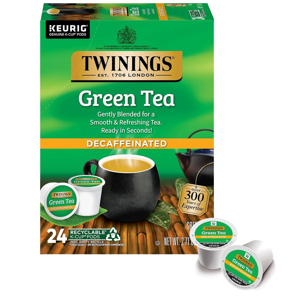 Twinings Decaffeinated Green Tea K-Cup pod close-up with smooth flavor and inviting aroma.