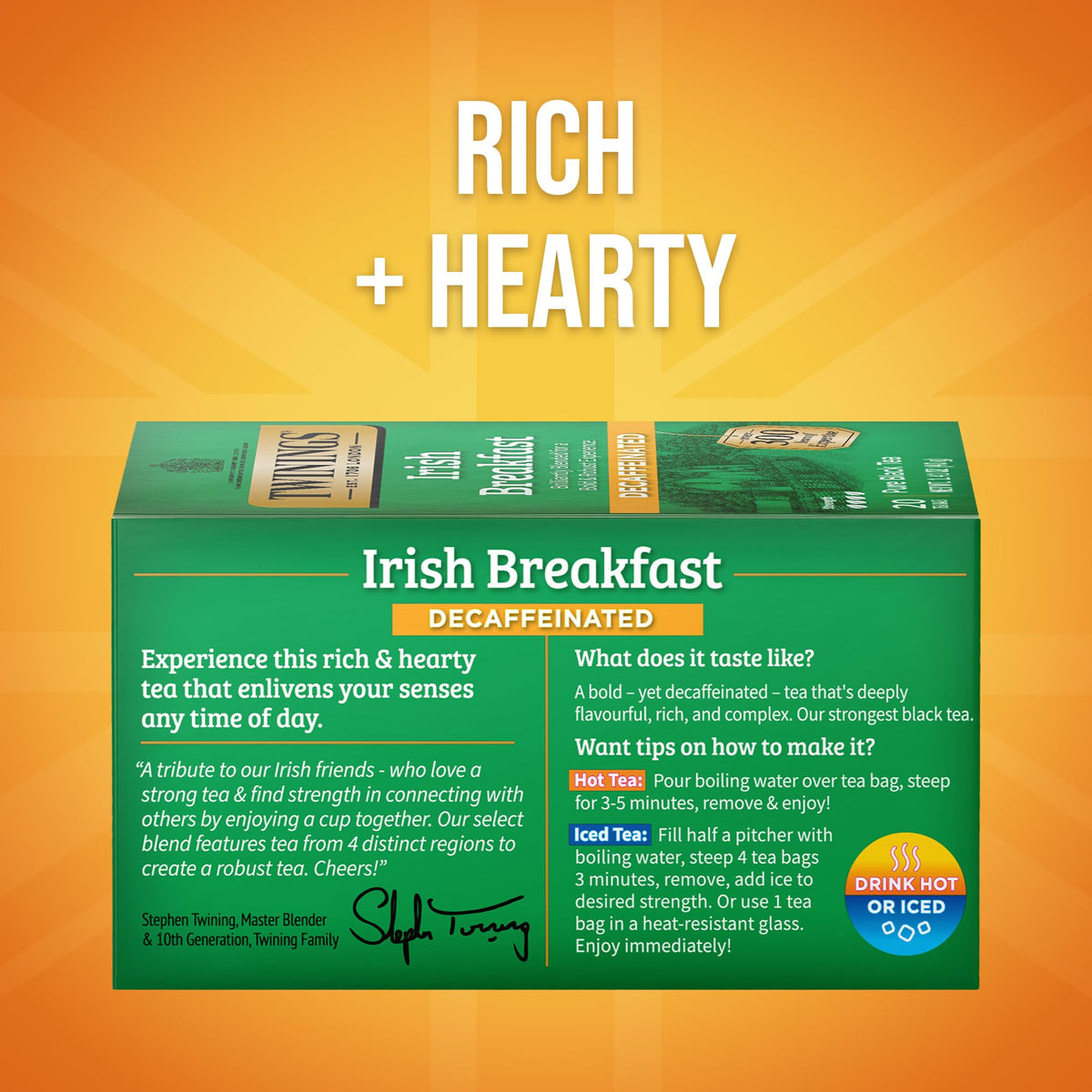Front view of Twinings decaf Irish Breakfast six-box pack.