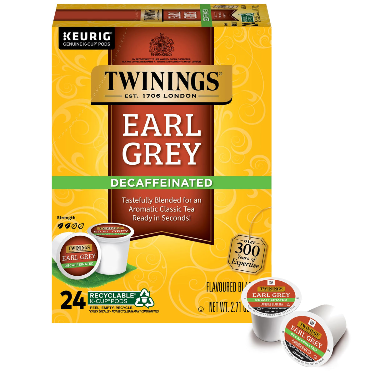 Twinings decaffeinated Earl Grey K-Cup pods box for easy at-home brewing.