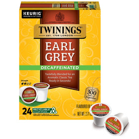 Twinings decaffeinated Earl Grey K-Cup pods box for easy at-home brewing.
