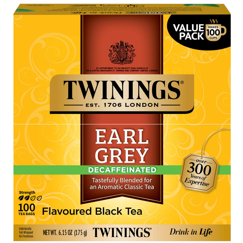 Twinings decaffeinated Earl Grey tea bags with citrus bergamot aroma for caffeine-free sipping