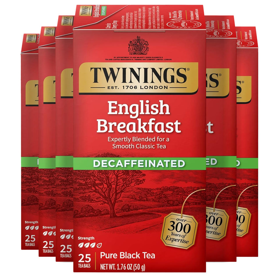 Twinings Decaffeinated English Breakfast tea bag in a warm mug