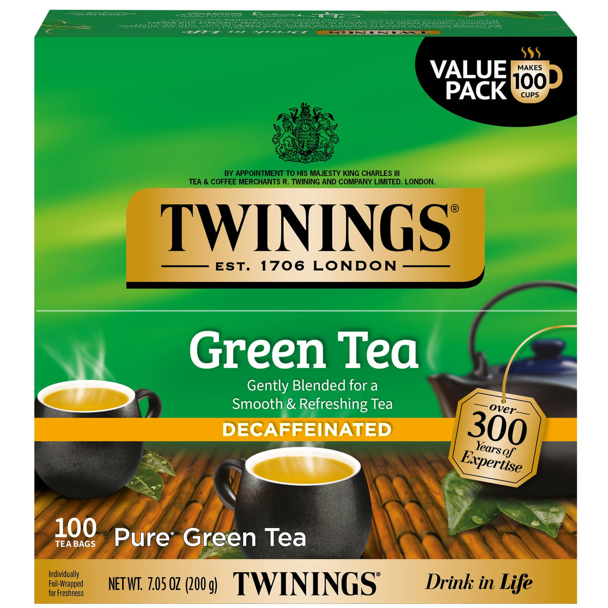 Twinings decaffeinated green tea bags in package for convenient everyday use