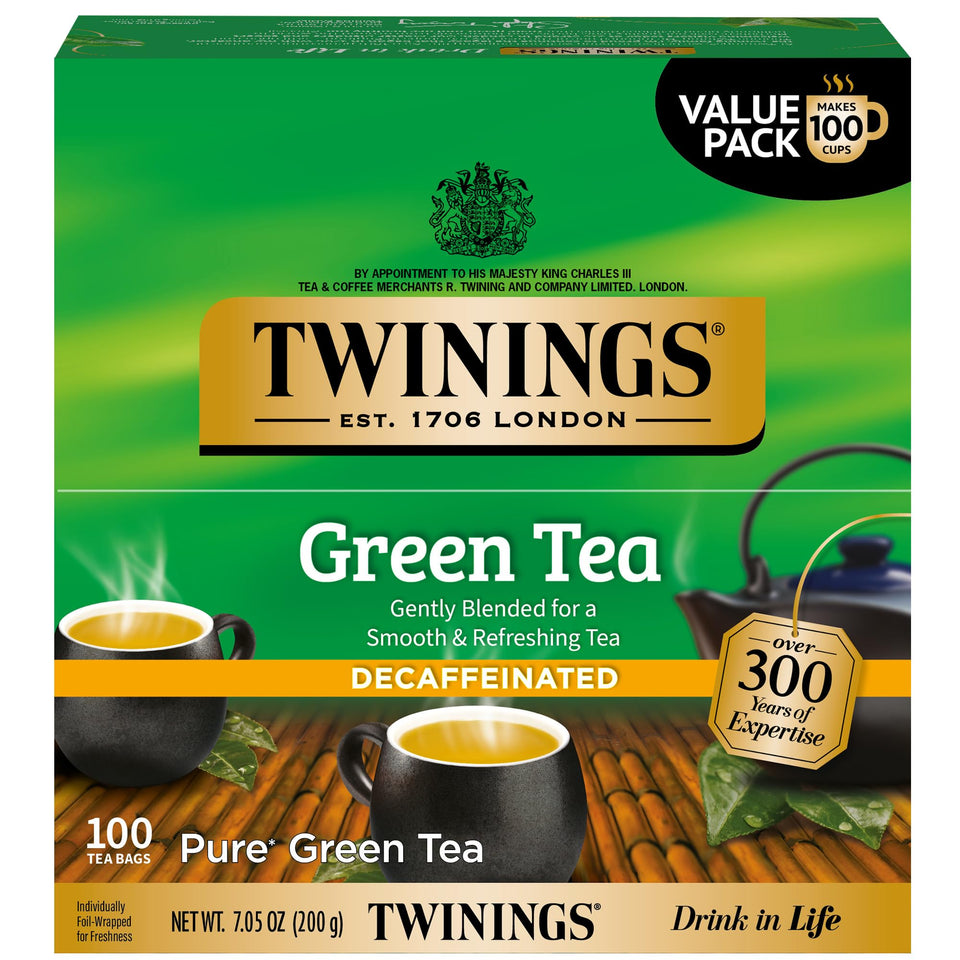 Twinings decaffeinated green tea bags in package for convenient everyday use