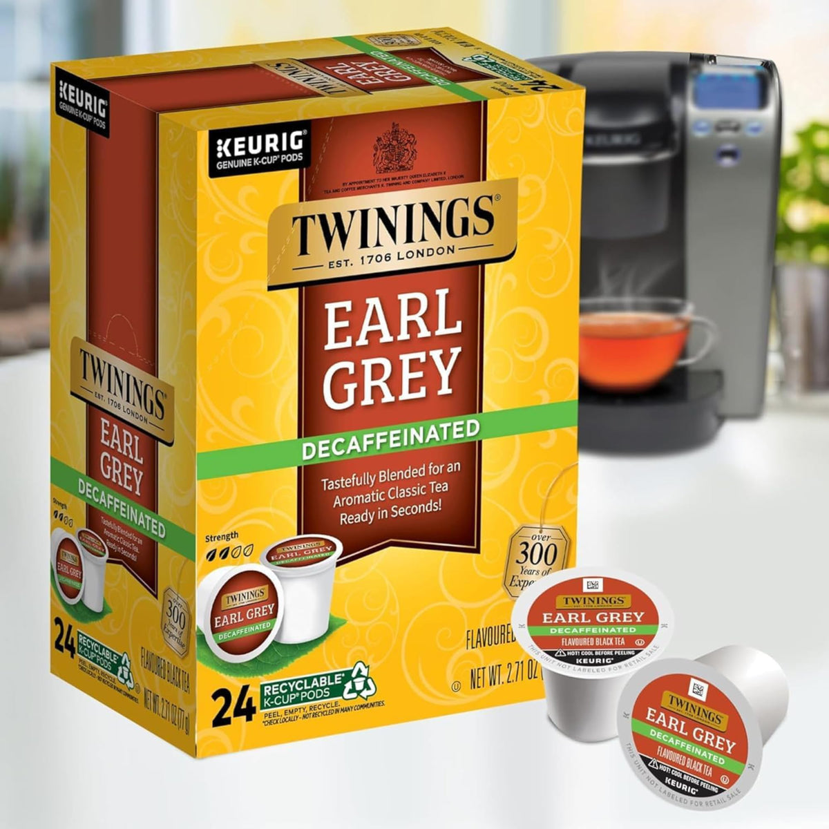 Twinings Earl Grey Decaf K-Cup box for easy mornings.