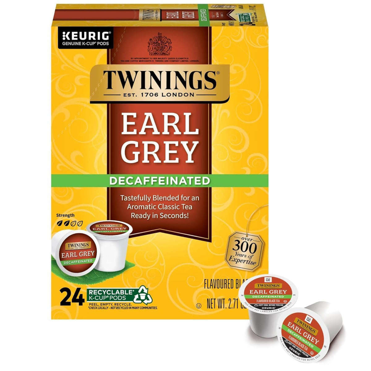Twinings Earl Grey Decaf K-Cup Pod, 24-count, convenient single-serve.