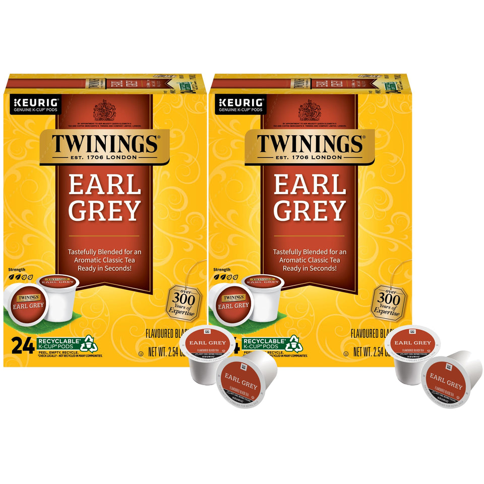 Twinings Earl Grey K-Cup pods in box for quick hot or iced tea.