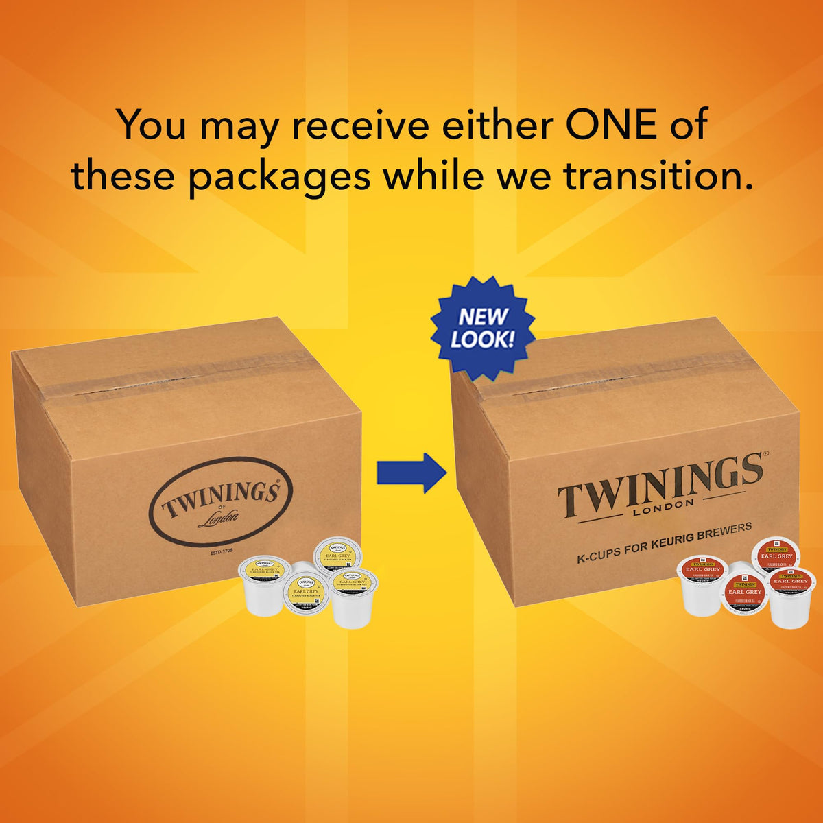 Twinings Earl Grey K-Cup pods 56-count box, convenient daily tea supply.