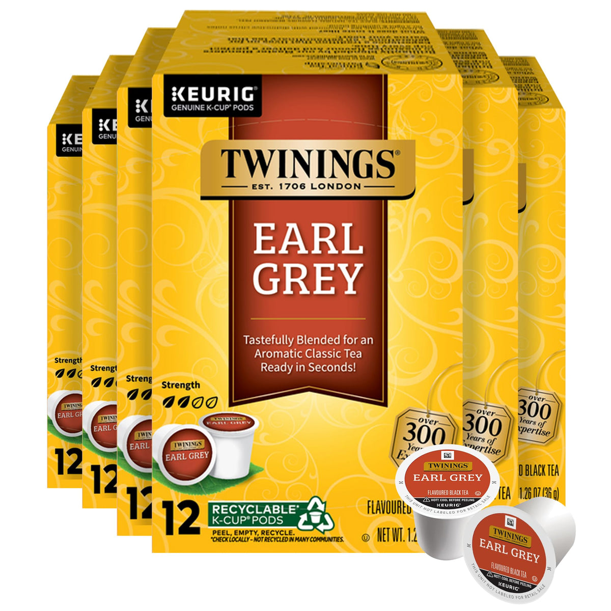 Twinings Earl Grey K-Cup pods in a 72-pack box for Keurig, convenient daily tea.