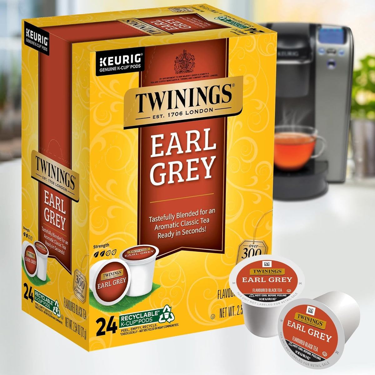 Hot tea by Twinings Earl Grey in a mug with citrus aroma.