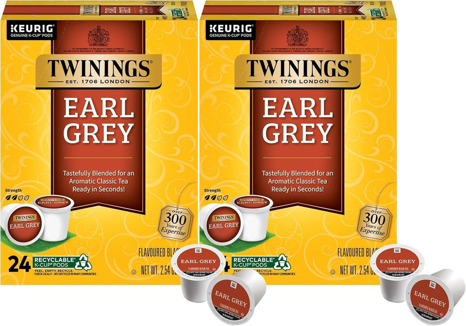 Twinings Earl Grey K-Cup pods in a box for easy Keurig brewing.