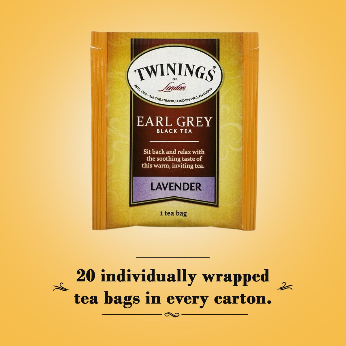 Twinings Earl Grey Lavender tea bags highlighted, convenient sachets for a quick, flavorful cup.