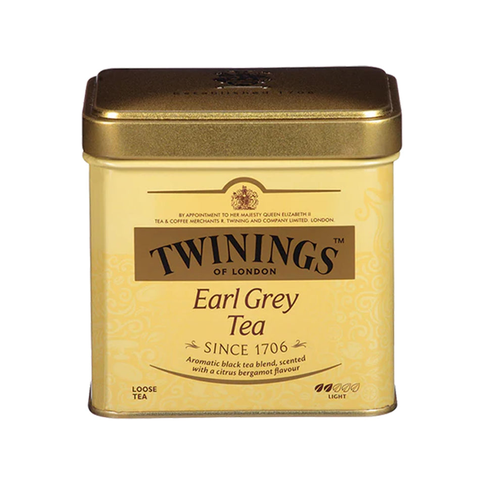 Twinings Earl Grey loose tea tins front view with citrus bergamot aroma