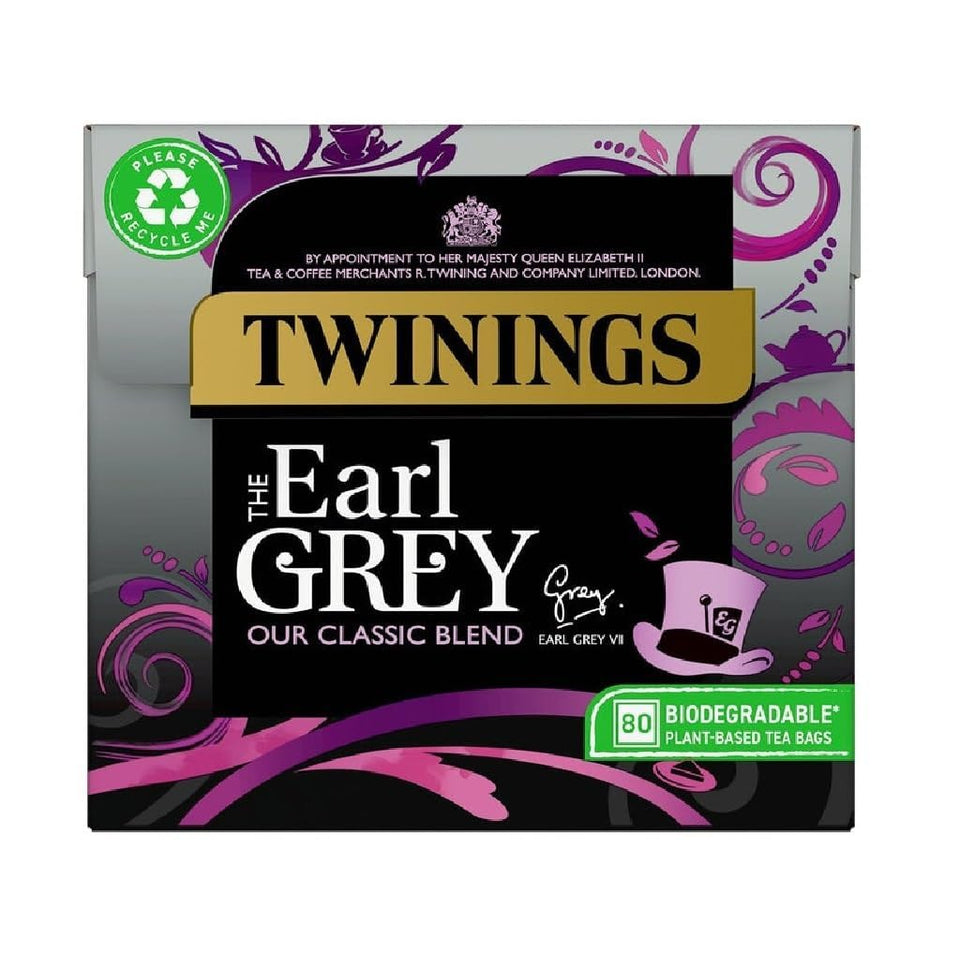 Twinings Earl Grey tea bags 80-pack packaging highlights the classic bergamot blend