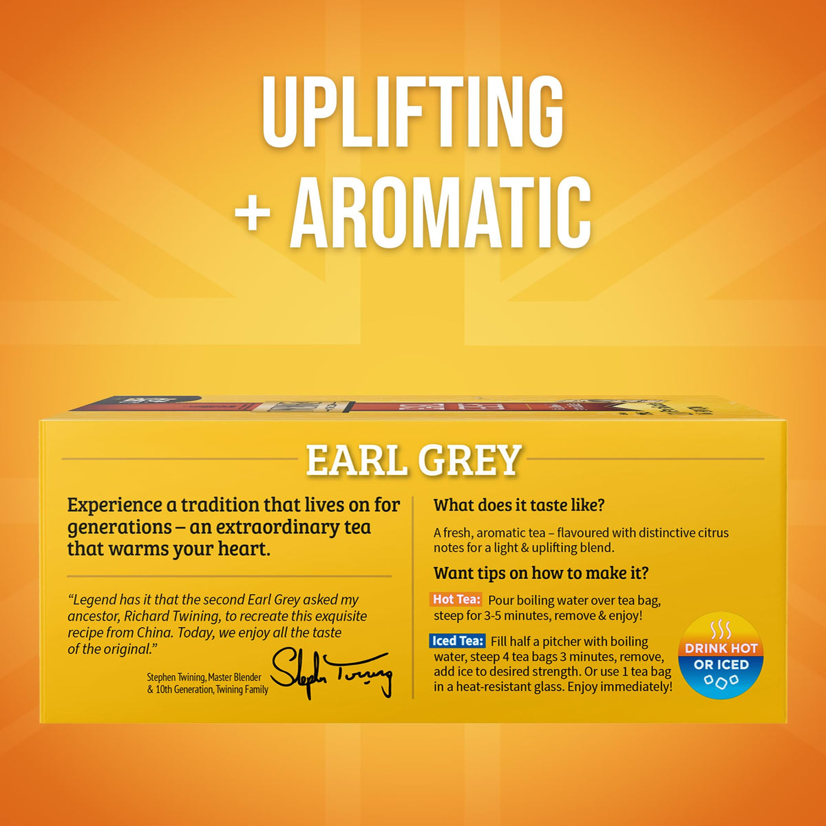 Twinings Earl Grey tea bags beside a hot cup, inviting aroma