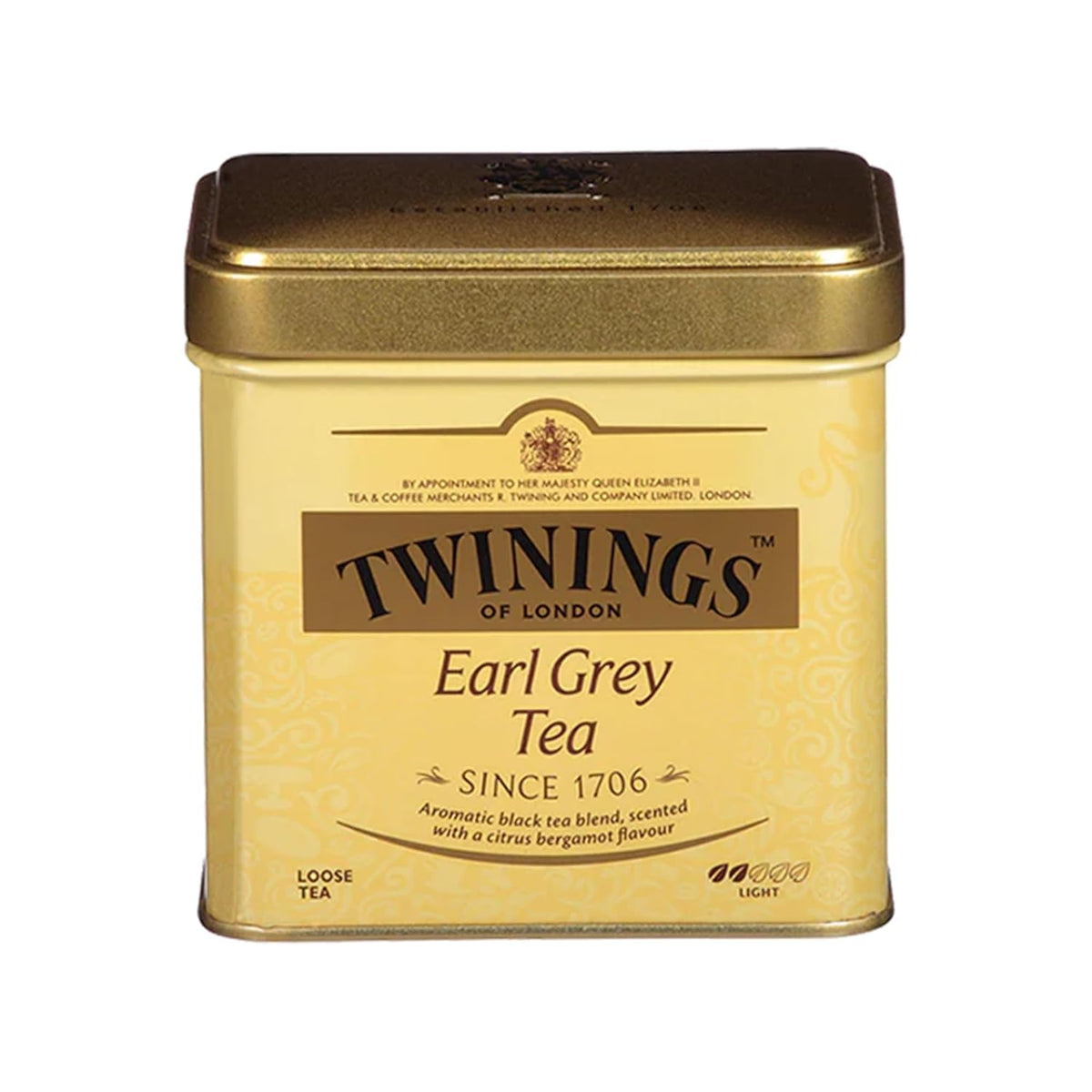 Twinings Earl Grey loose-leaf tea in a tin for fresh brewing at home