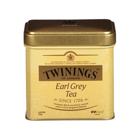 Twinings Earl Grey loose-leaf tea in a tin for fresh brewing at home