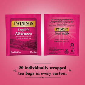 Twinings English Afternoon Tea bags close-up with crisp leaves for balanced flavor