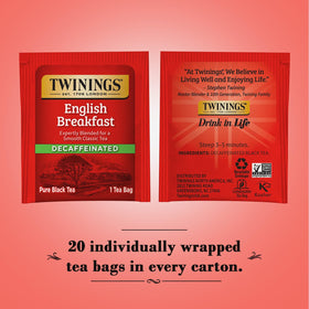 Twinings English Breakfast Decaf boxes with 50 bags each, ideal pantry staple.