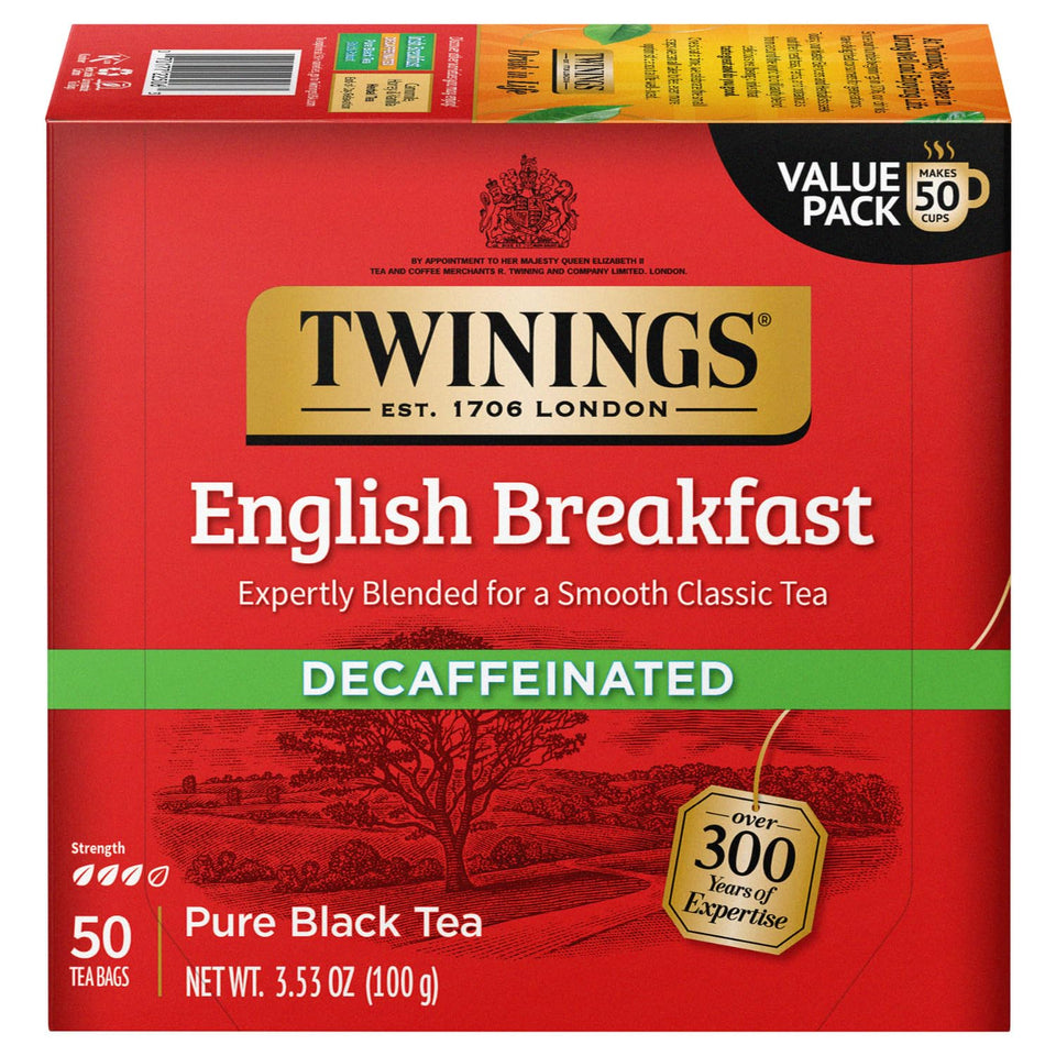 Twinings English Breakfast Decaf tea bags for a balanced, flavorful cup any time of day.