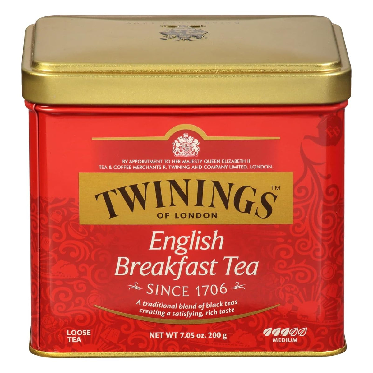 Twinings English Breakfast loose tea tin top view for a premium morning ritual
