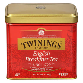 Twinings English Breakfast loose tea tin top view for a premium morning ritual