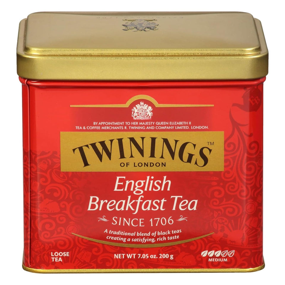 Twinings English Breakfast loose tea tin top view for a premium morning ritual