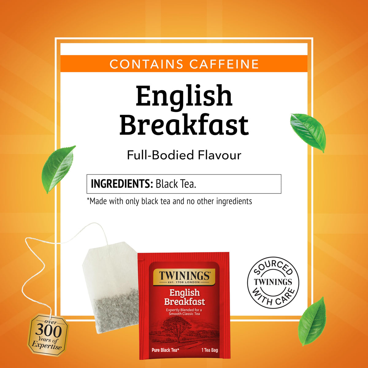Twinings English Breakfast on-shelf display highlights individually wrapped bags.