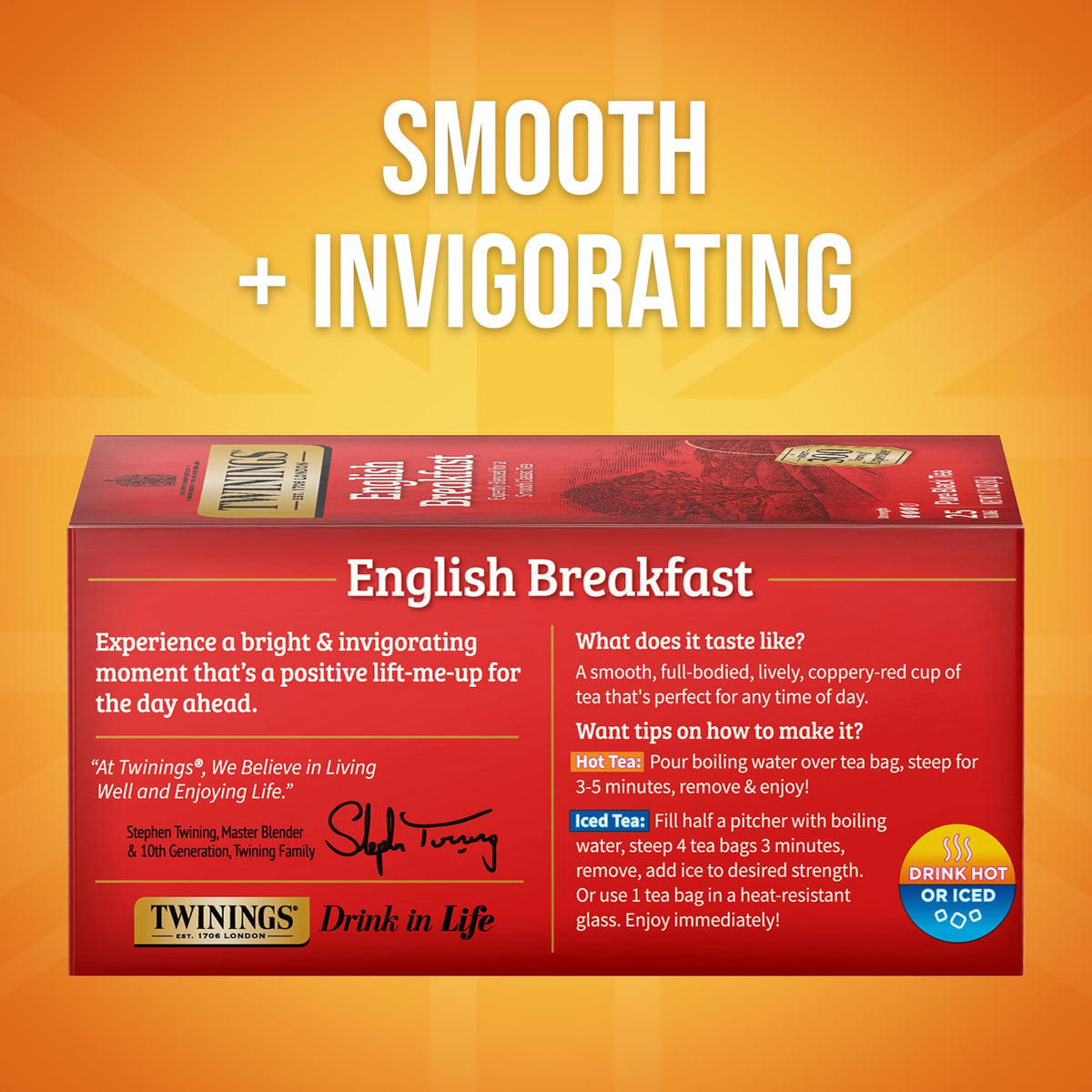 Twinings English Breakfast tea bags closeup fresh seal assuring flavor.