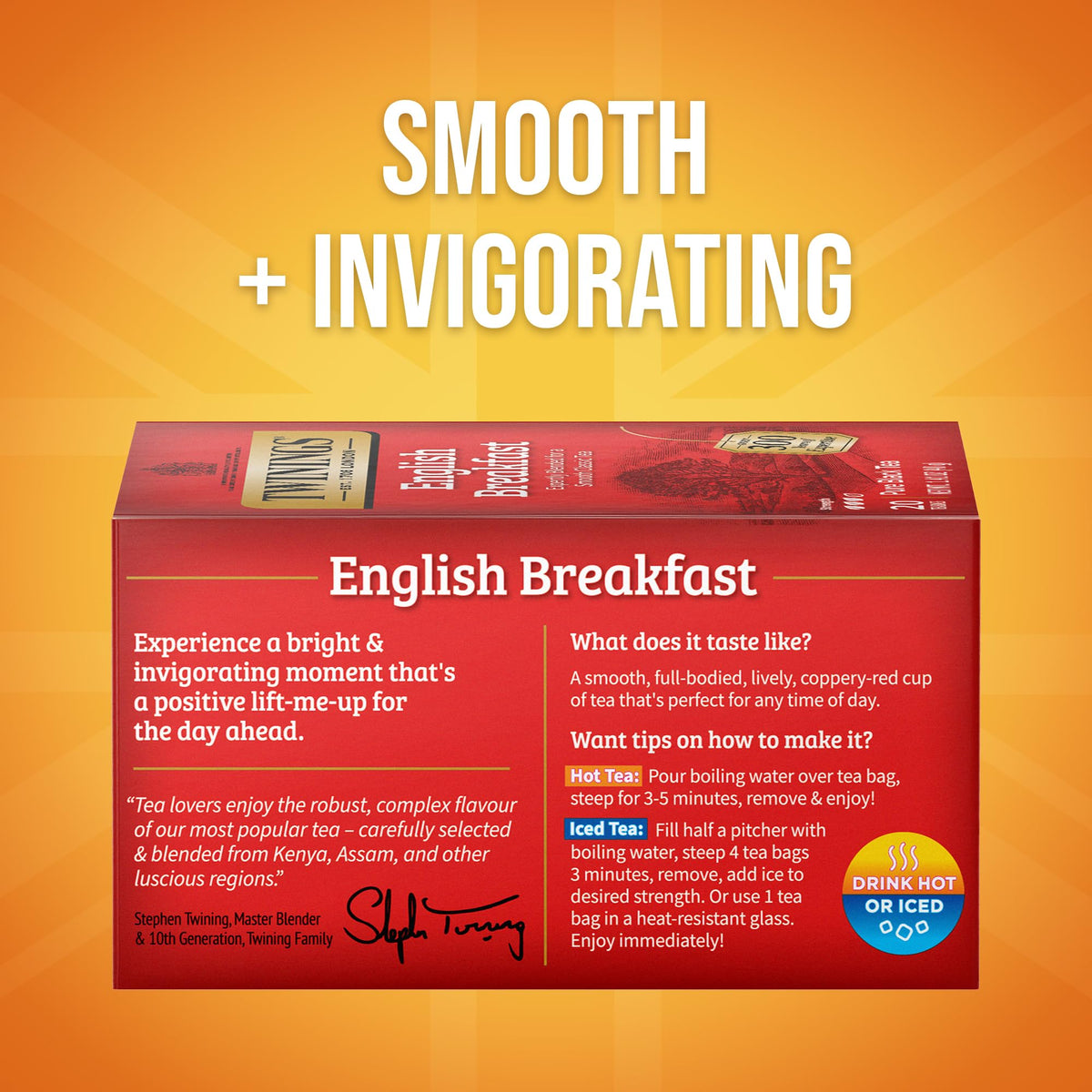 Twinings English Breakfast tea bags inside box for quick, fresh brew