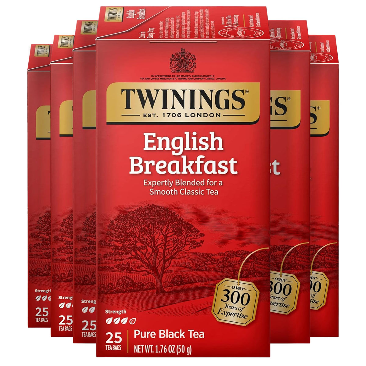 Twinings English Breakfast tea bags pack front, a caffeinated morning pick-me-up.