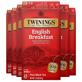 Twinings English Breakfast tea bags pack front, a caffeinated morning pick-me-up.