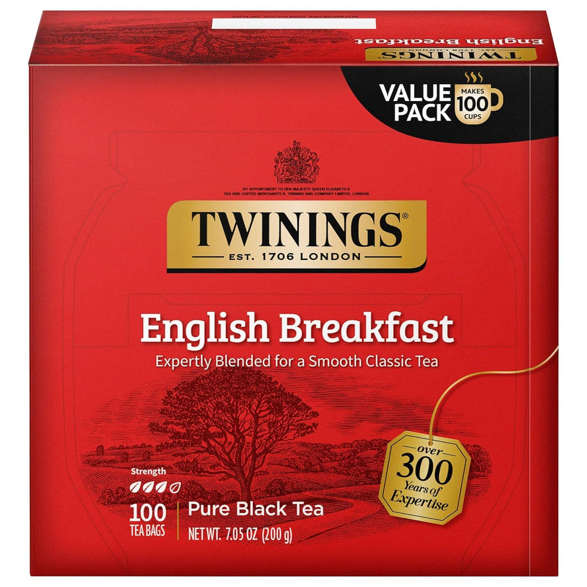 Twinings English Breakfast tea bags pack offers convenient daily brews.