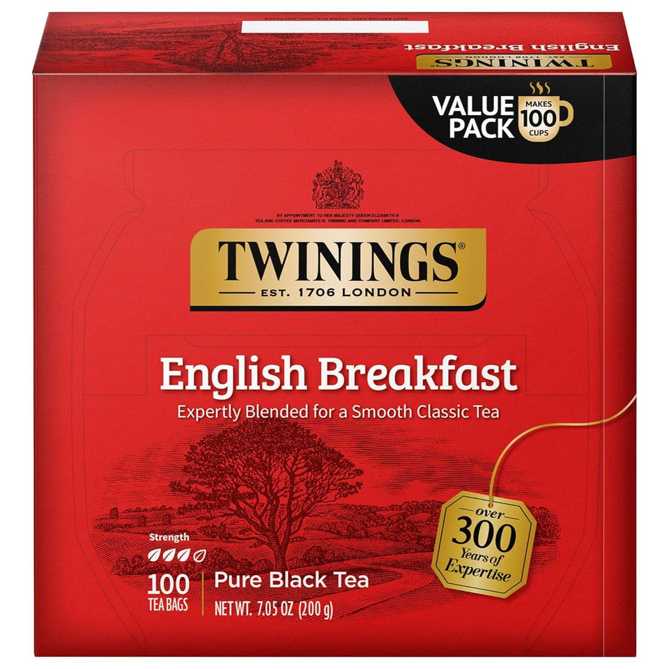 Twinings English Breakfast tea bags pack offers convenient daily brews.