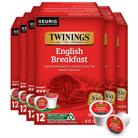 Twinings English Breakfast tea pods in a box for quick, energizing brews.