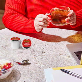 Twinings English Breakfast cup poured hot, perfect with or without milk.