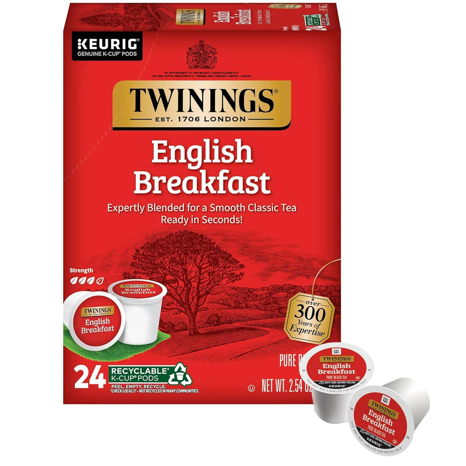Twinings English Breakfast K-Cup pods boxed for quick morning brews.