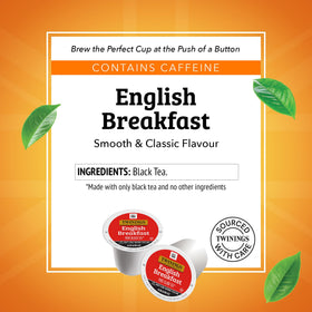 Twinings English Breakfast tea pods brewing in a Keurig for a bold cup.