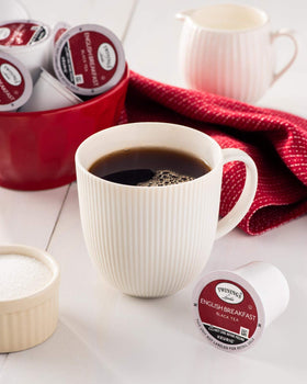 Twinings English Breakfast pod closeup; rich color hints of full-bodied tea.